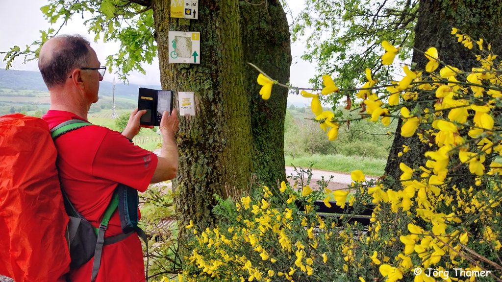 Blogger fotografiert Moselsteig Markierung